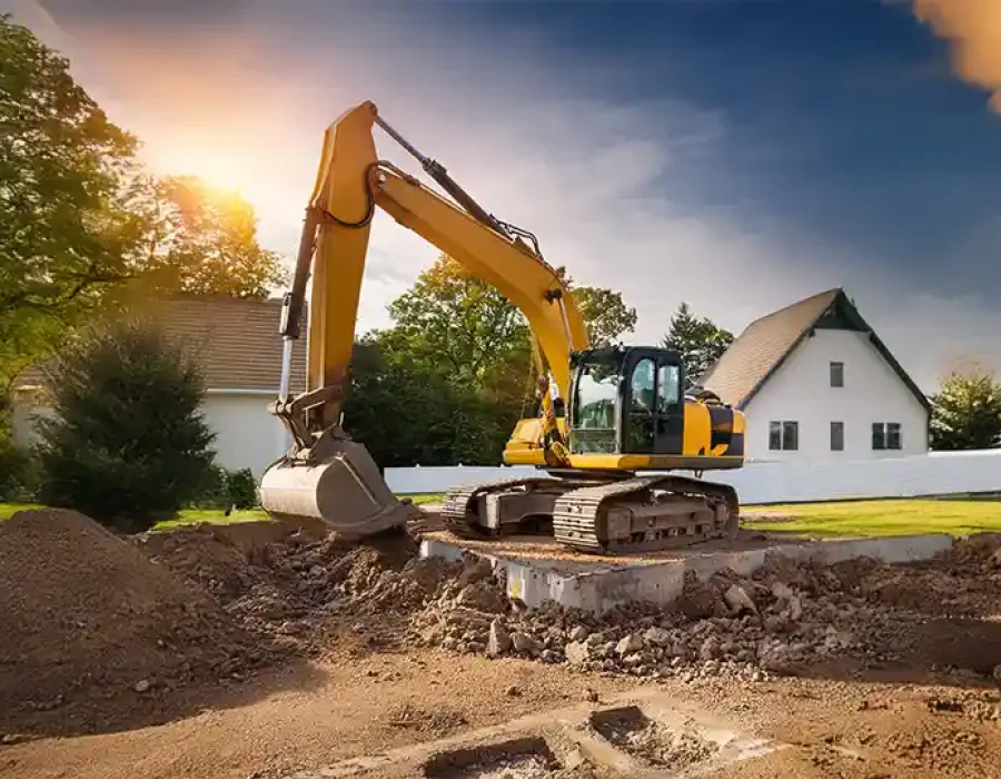 Heavy excavator performing residential demolition and foundation removal with houses in background at sunset