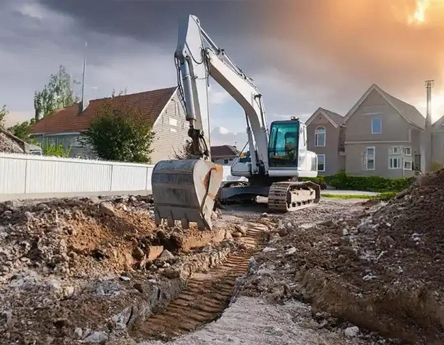 Heavy excavator performing residential demolition and site preparation with dramatic sunset sky backdrop