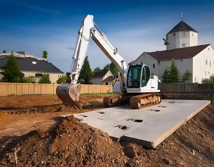 Heavy excavator performing site preparation and foundation demolition work with residential buildings in background