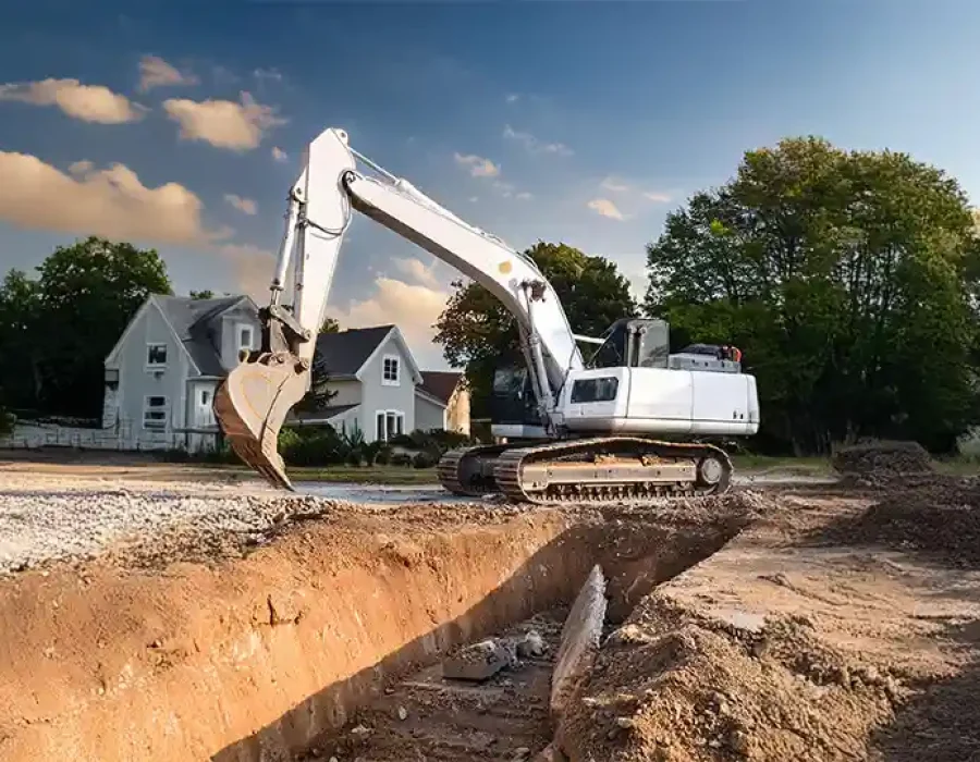 Large excavator performing residential demolition and site preparation with house in background at sunset