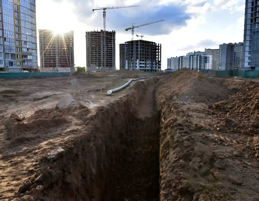 Excavated trench at a construction site with buildings and cranes in the background.