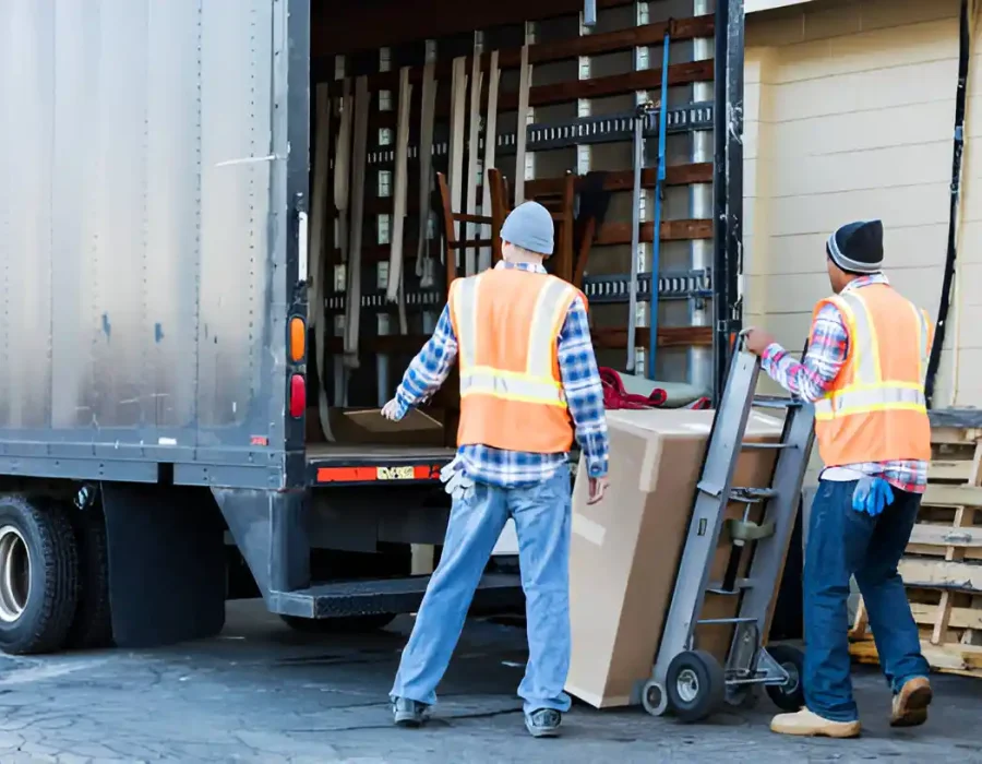 Two workers in safety vests loading large items into commercial truck for professional waste removal service