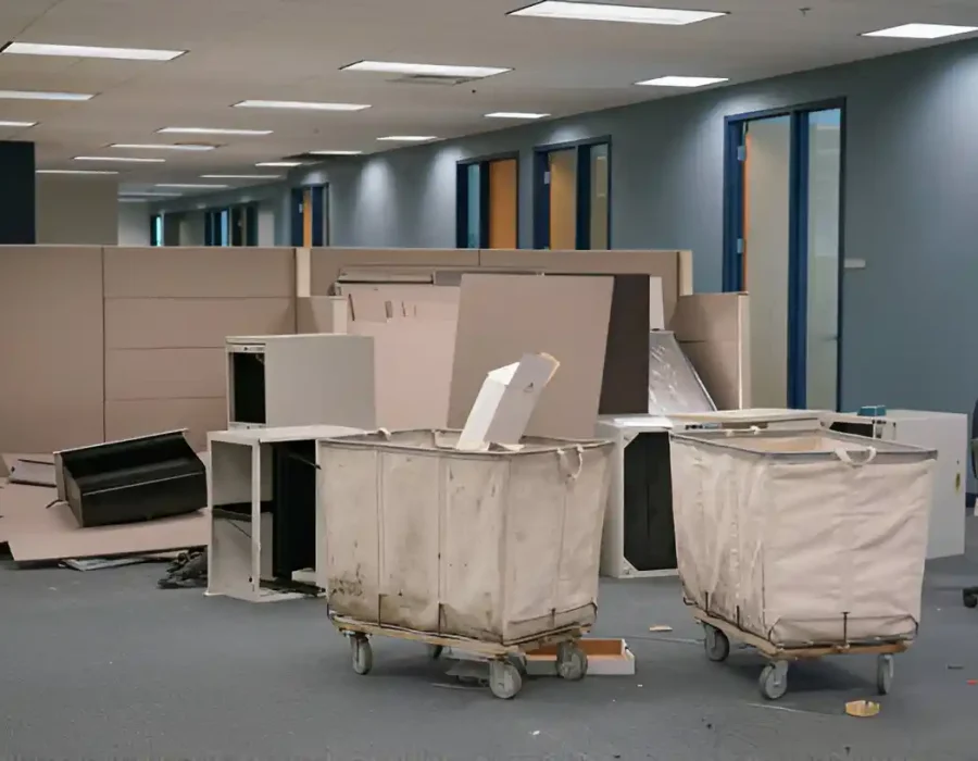 Dismantled office cubicles and debris with removal carts during commercial demolition and workspace clearance