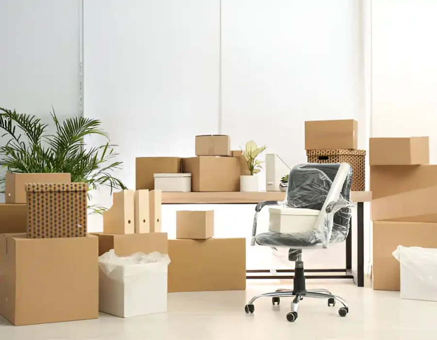 Office furniture removal service with packed cardboard boxes, office chair, and indoor plants ready for cleanup