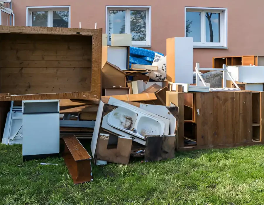 Discarded furniture and cabinets piled outside residential building awaiting professional junk removal service