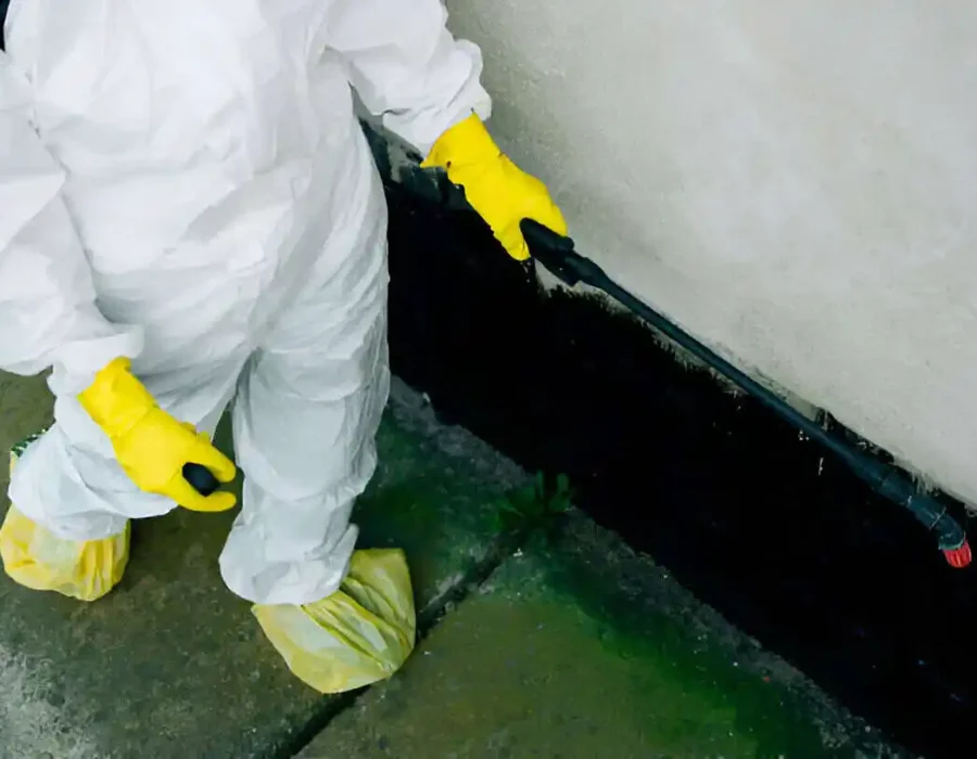 Worker in protective gear cleans debris at a demolition site using a pressure washer