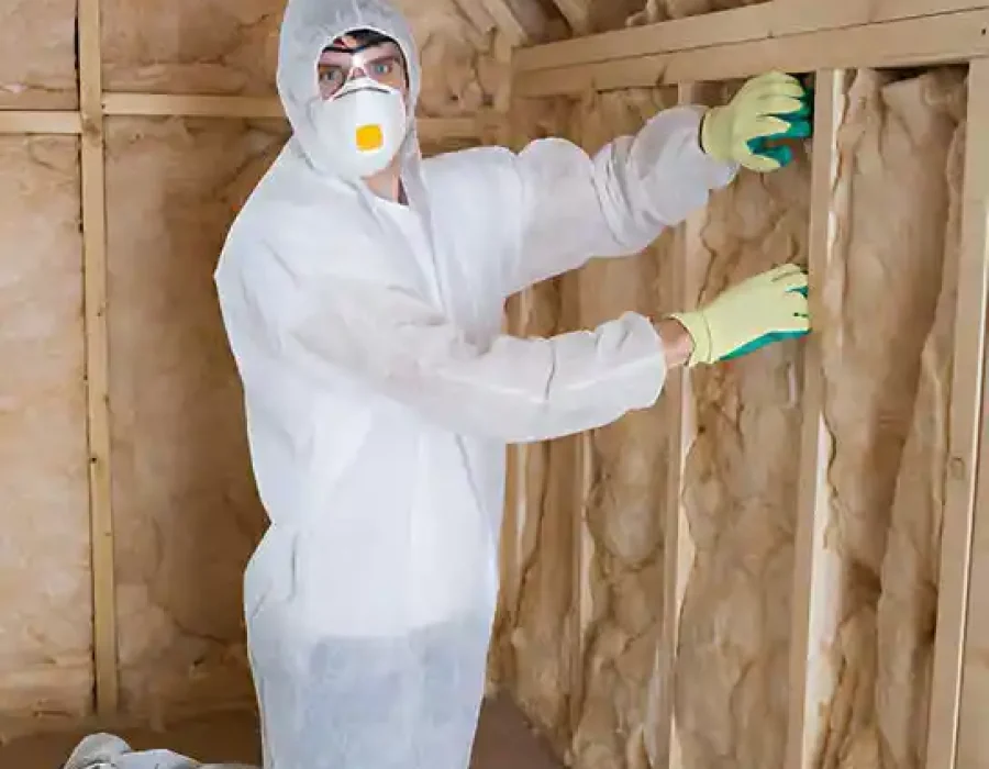 Worker in protective gear examines insulation in a building during site preparation for demolition.