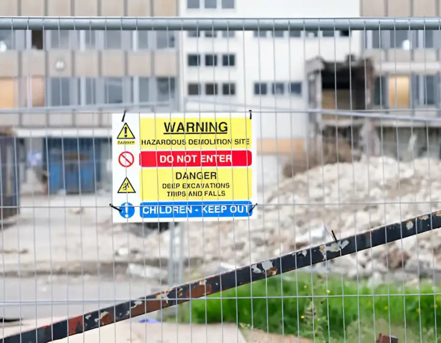 Caution sign warns of hazards at a demolition site, restricting entry for safety