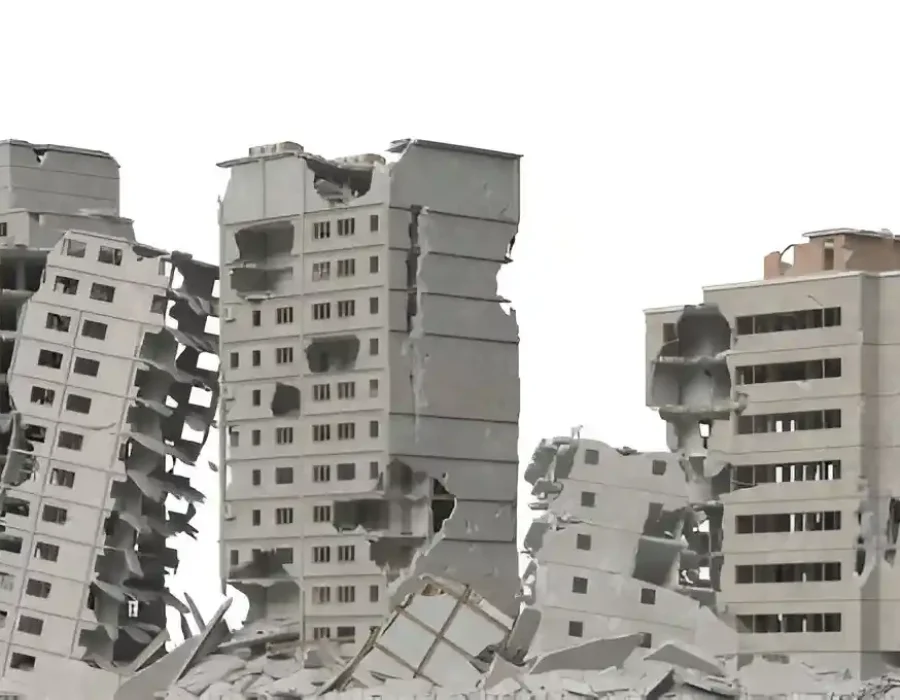Damaged apartment towers requiring professional demolition and debris clearing services for site preparation