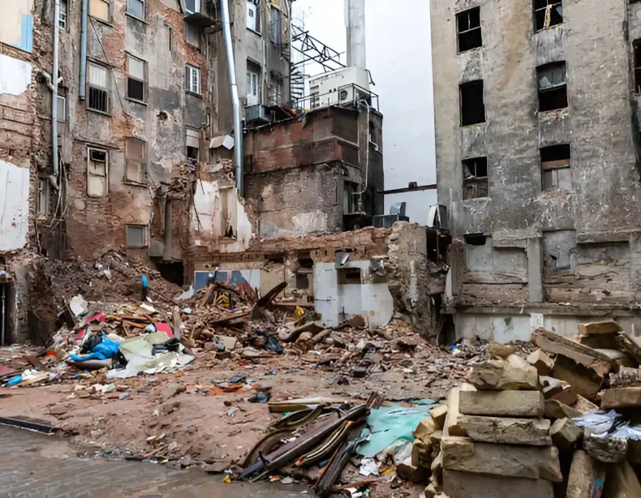 Debris and Ruined Buildings After Demolition in City