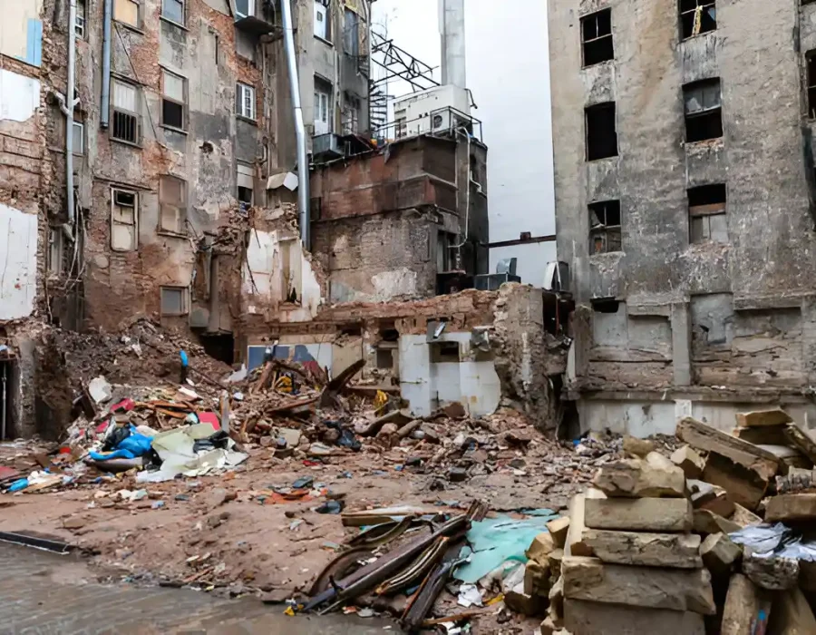 Demolished urban building with rubble and debris scattered across the site.