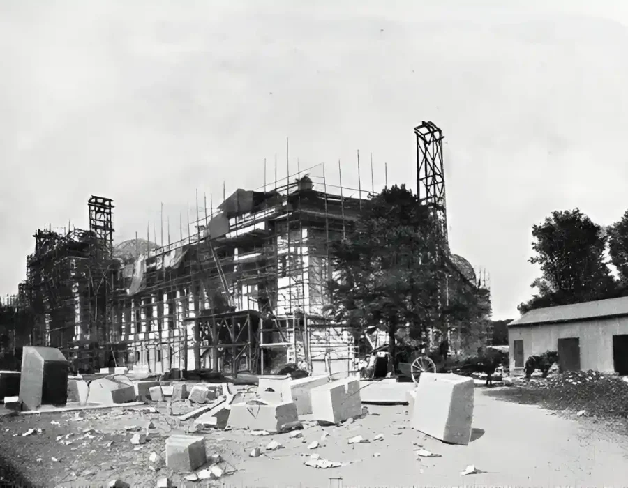 Construction Site with Scaffolding and Debris Removal