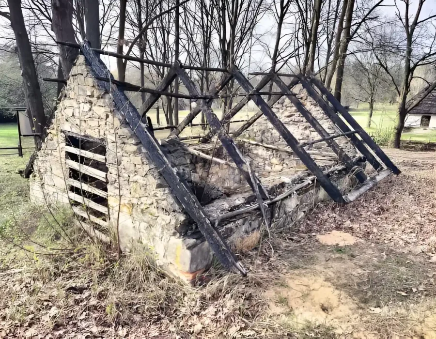 Burned and collapsed building structure amid trees, awaiting demolition and debris removal.