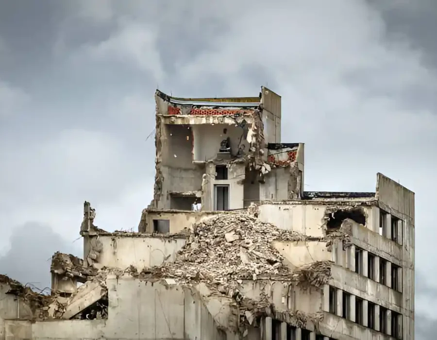 Partially Demolished Building Amid Rubble