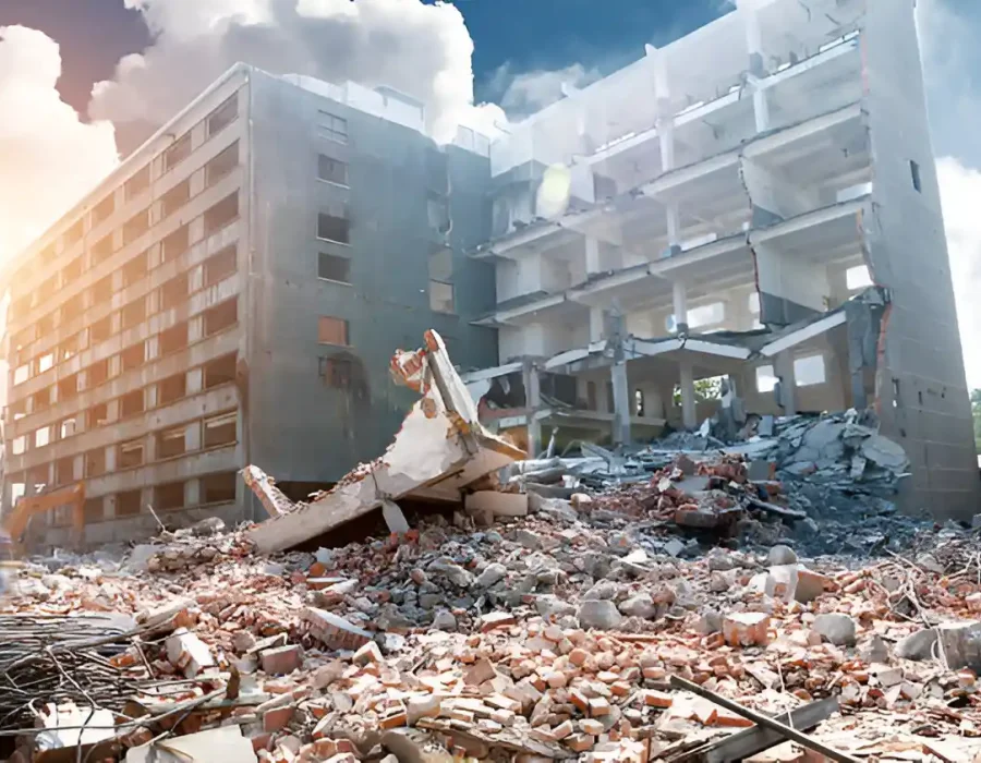Partially demolished building with rubble and debris scattered across the demolition site.