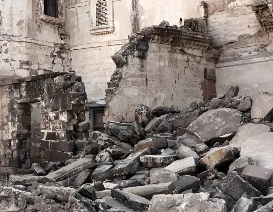 Collapsed Walls and Debris from Building Demolition Site