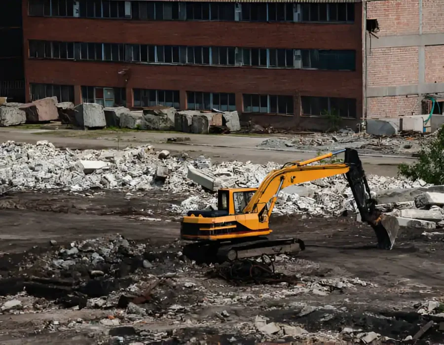 Yellow Excavator Clearing Concrete Rubble at Industrial Demolition Project