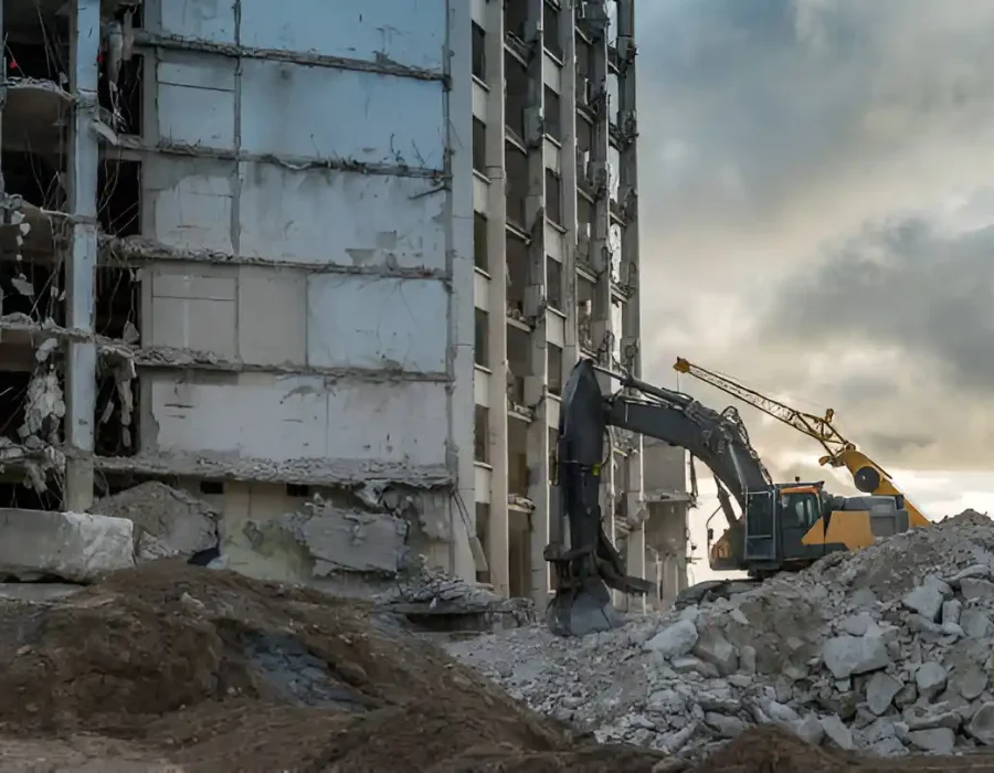 Excavator Dismantling Concrete Apartment Building at Sunset Backdrop