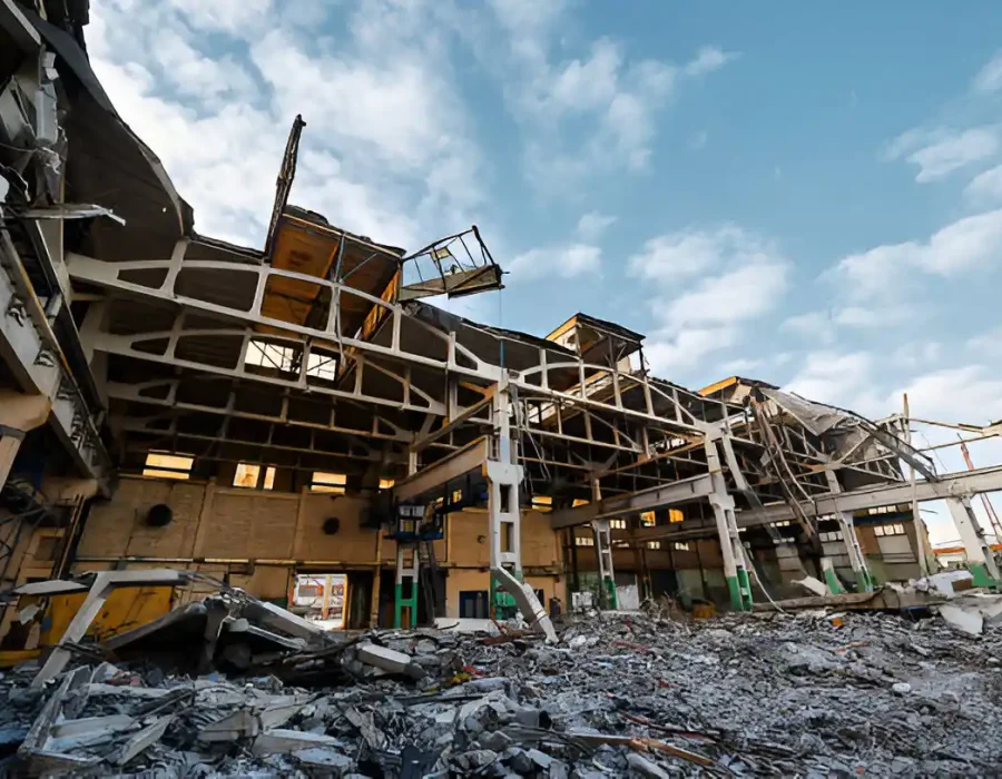 Partially Demolished Multi-Story Industrial Building with Exposed Framework