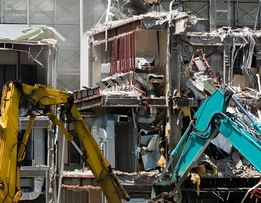 Yellow and teal excavators systematically destroying multi-story building structure