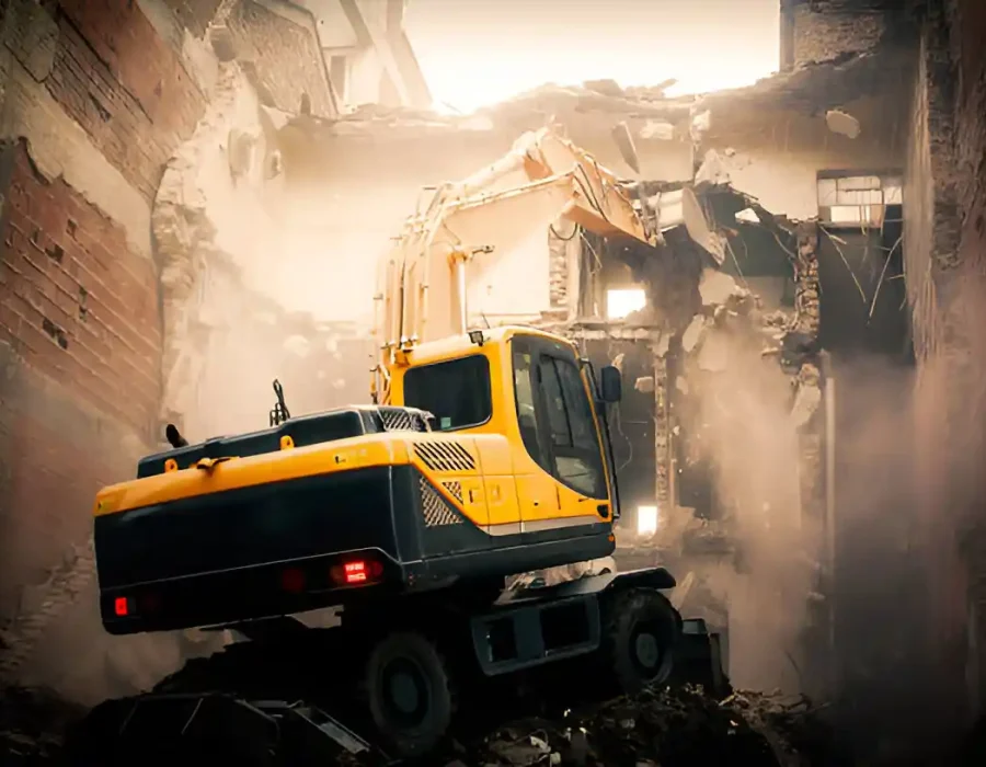 Yellow wheeled excavator demolishing brick building, urban site cleanup in progress