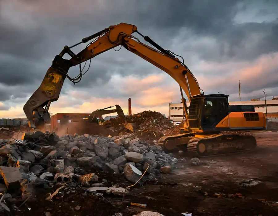 Yellow excavators clearing debris at sunset, industrial demolition site with rubble