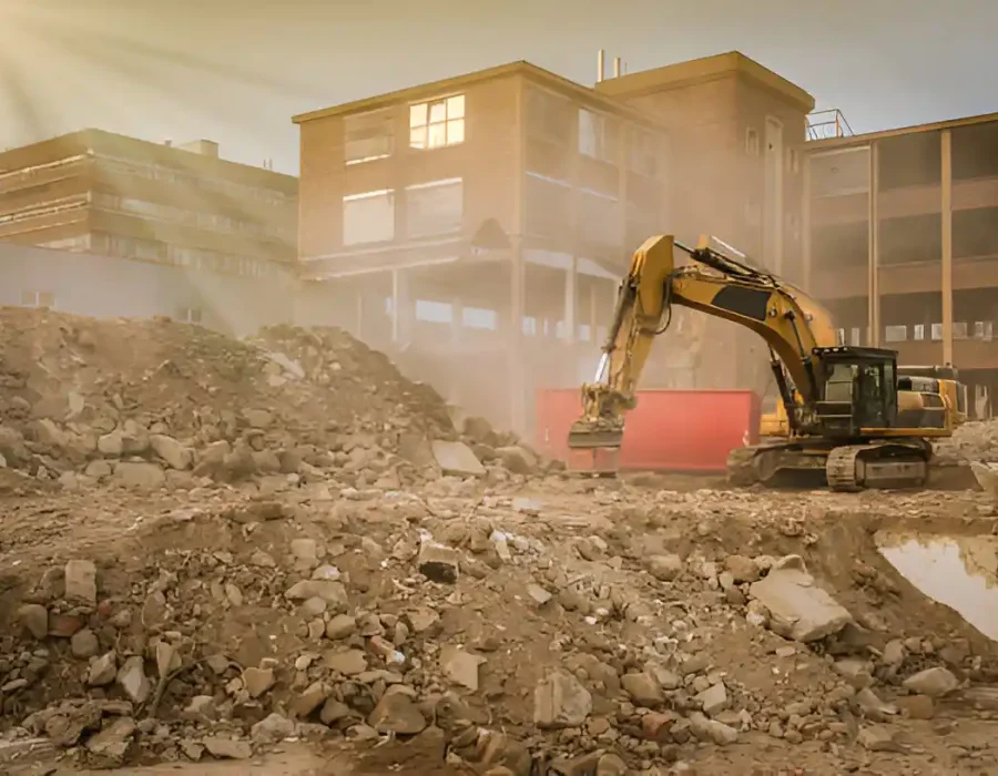 Yellow excavator removing concrete rubble near industrial buildings, site clearance