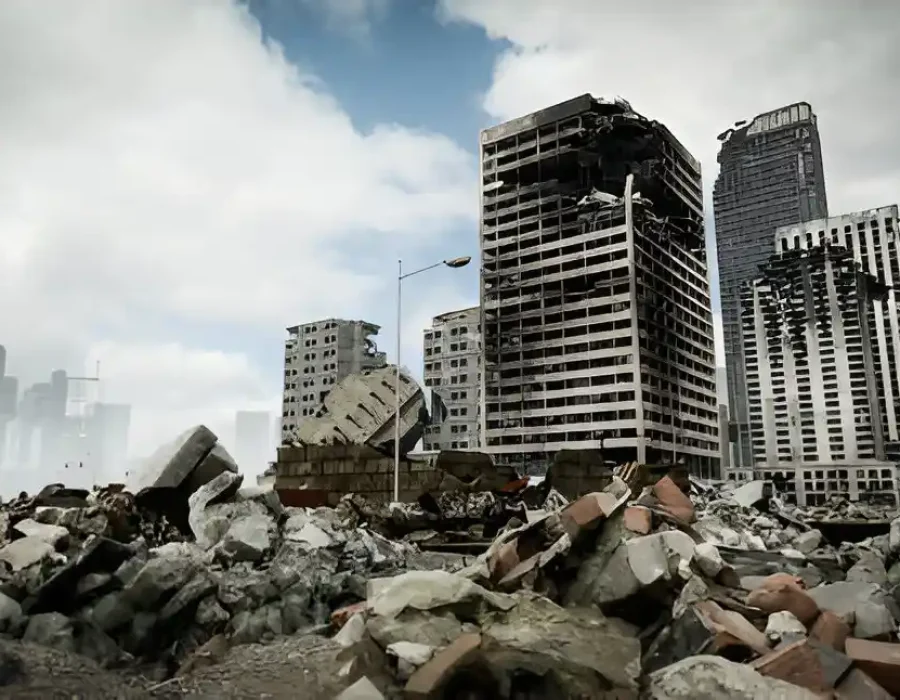 Damaged skyscrapers, massive concrete rubble, urban demolition aftermath scene