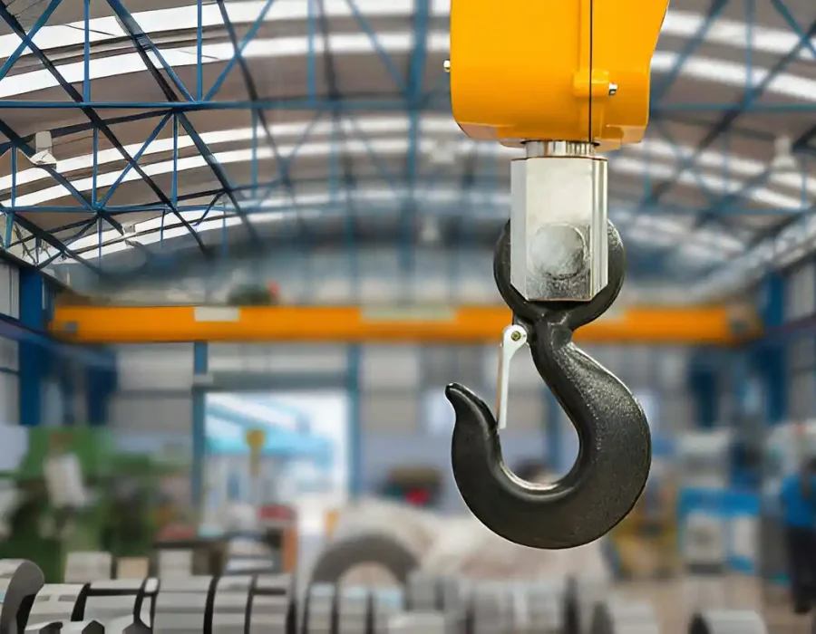 Close-up of industrial crane hook in warehouse facility for heavy-duty demolition operations