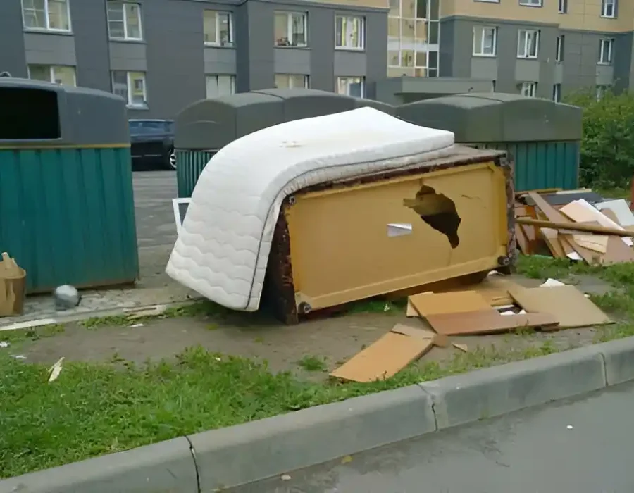 Abandoned mattress and cardboard debris near dumpsters requiring professional waste removal services