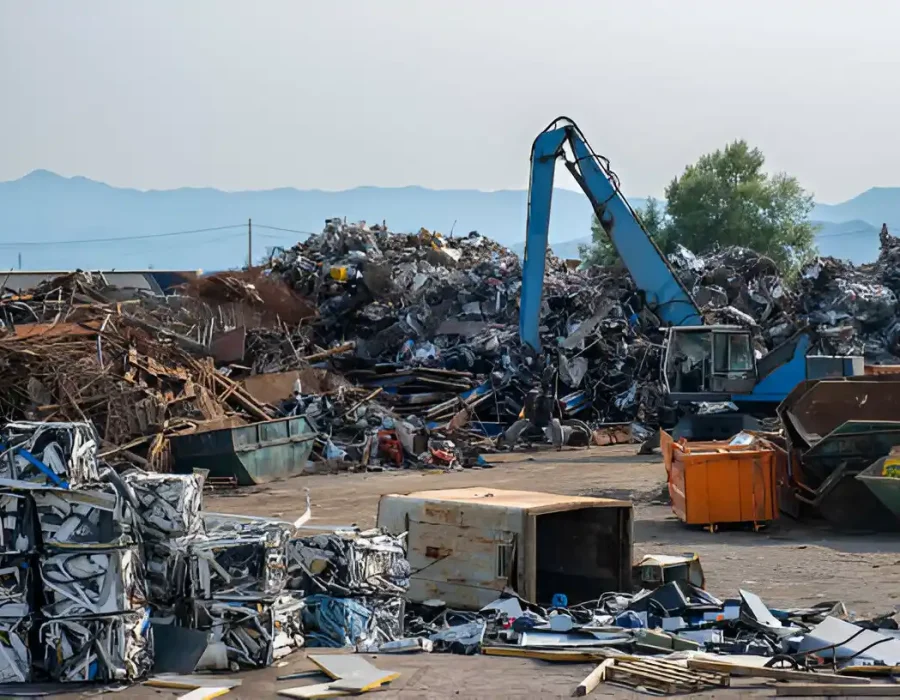 Large-scale scrap metal recycling facility with sorting equipment and compressed metal bales