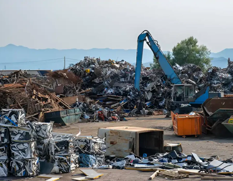 Large-scale scrap metal processing facility with sorted demolition waste and recycling equipment