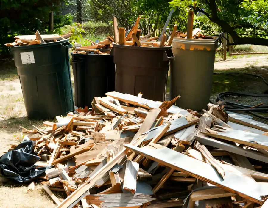Pile of demolished wood materials and construction debris with waste bins requiring removal service