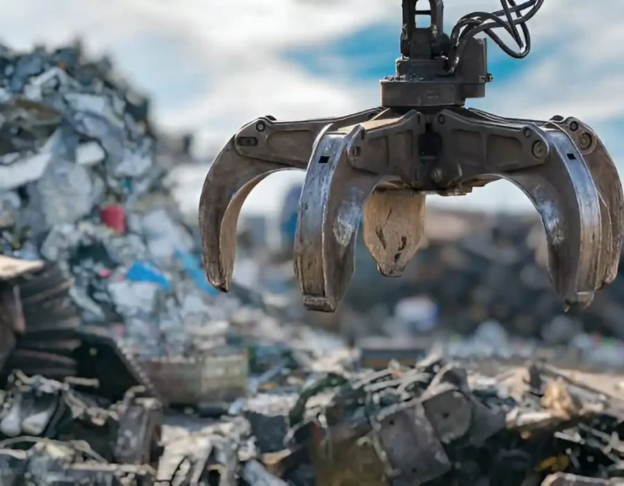 Close-up of industrial demolition grapple claw with scrap metal debris piles in background
