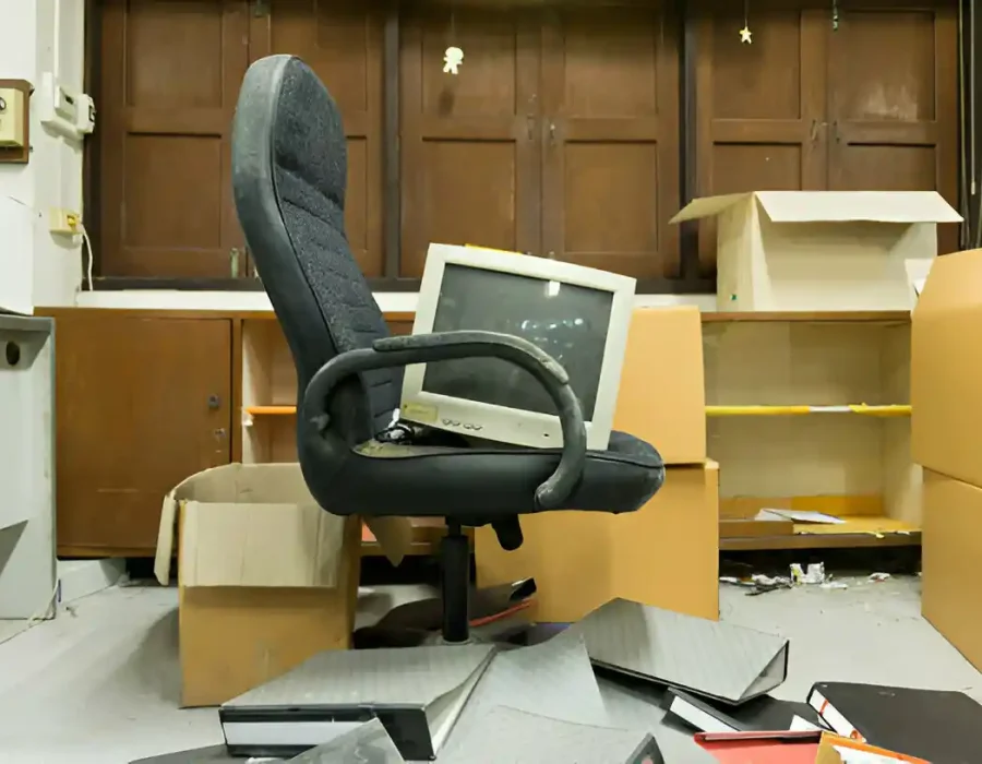 Abandoned office furniture and electronics during commercial space cleanout and removal service