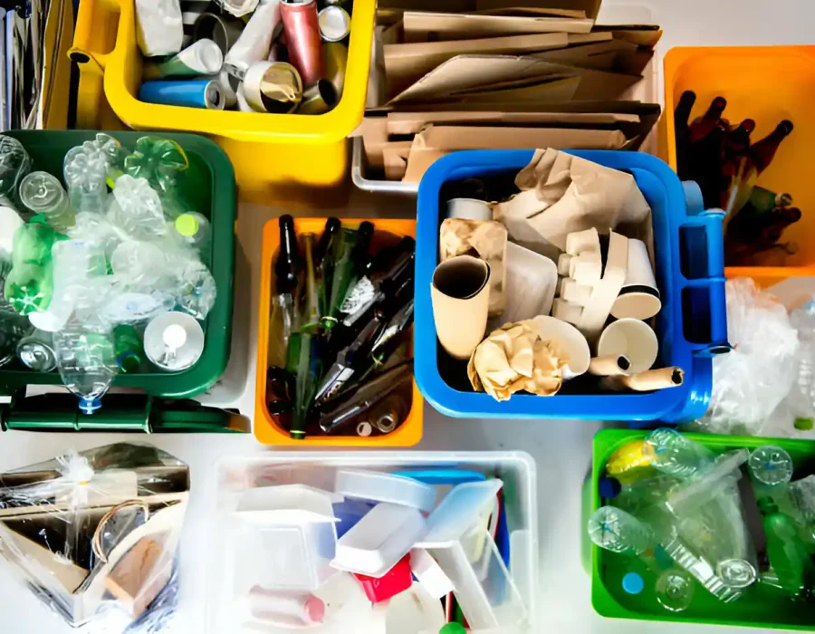 Sorted recyclable materials in colored bins including plastic, glass, and paper for waste processing