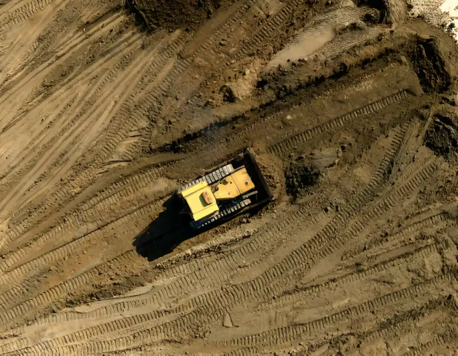 Aerial view of yellow excavator on construction site with tracked terrain patterns during demolition prep work