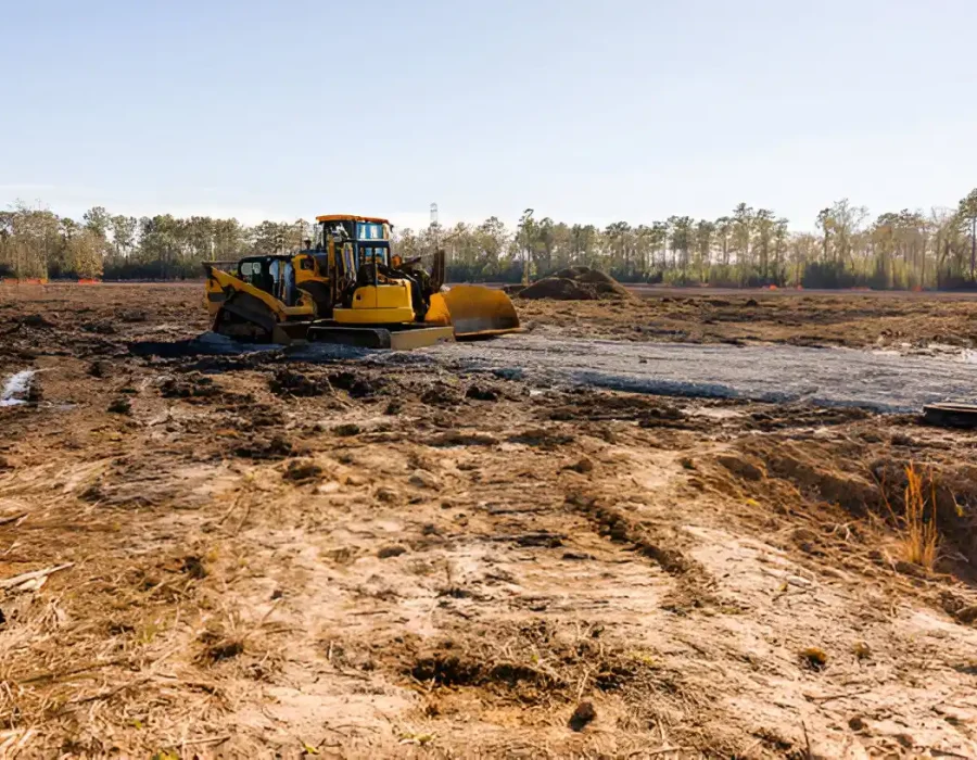 Bulldozer leveling ground for debris removal and site cleanup in open field area