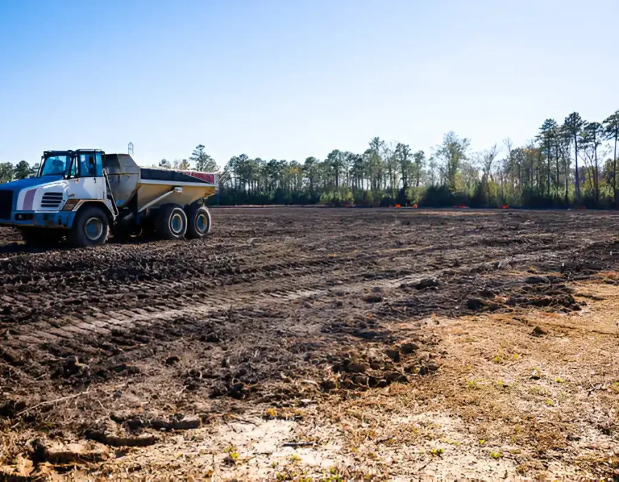 Heavy-duty dump truck on cleared construction site with debris removal and ground preparation for development