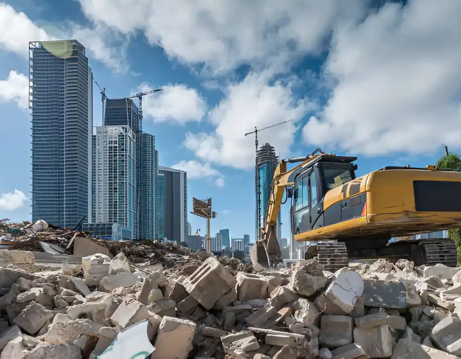 Excavator amid concrete debris with city skyline backdrop during commercial demolition project