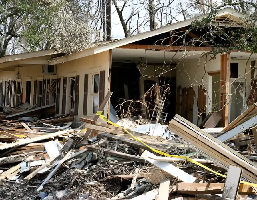 Destroyed building, massive wood debris, yellow caution tape, extensive damage cleanup