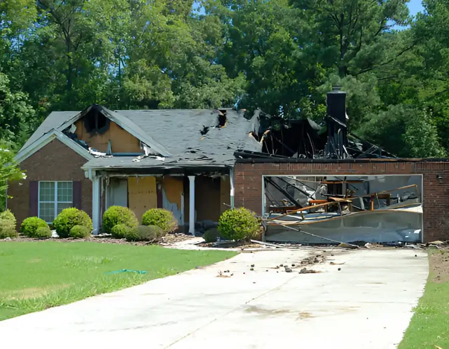 Burned brick house with roof damage, landscaped yard, extensive fire destruction