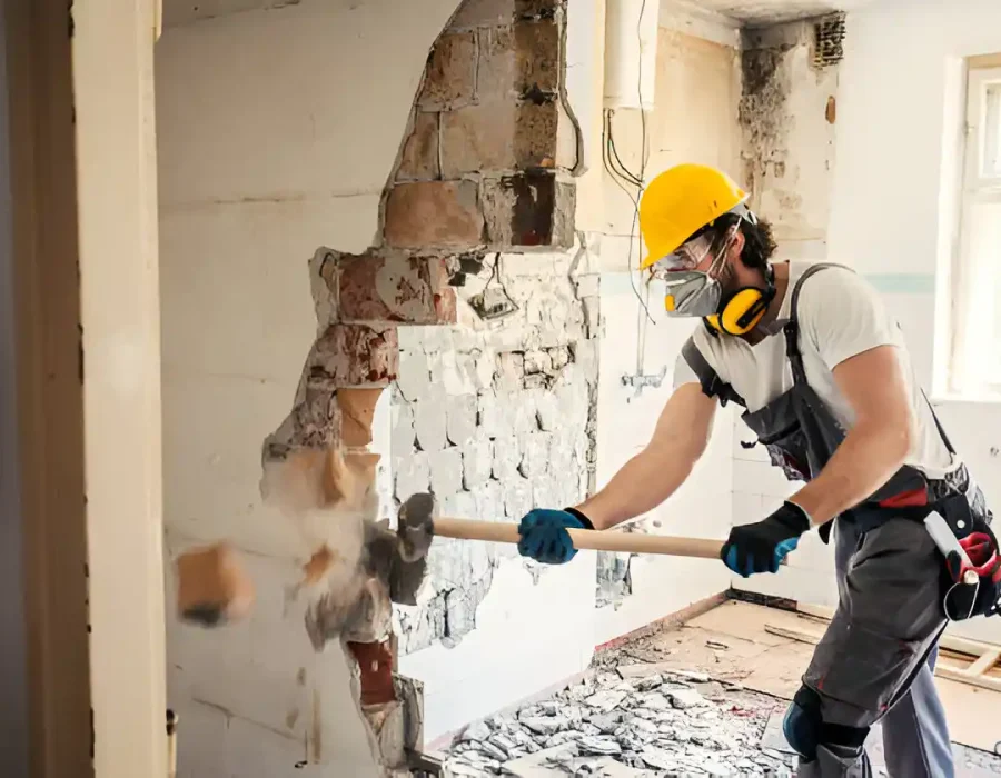 Worker in safety gear breaking brick wall with hammer, debris falling, renovation process