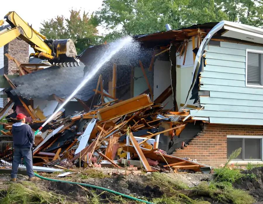Yellow excavator demolishing house, water spray, wood debris, professional site clearance