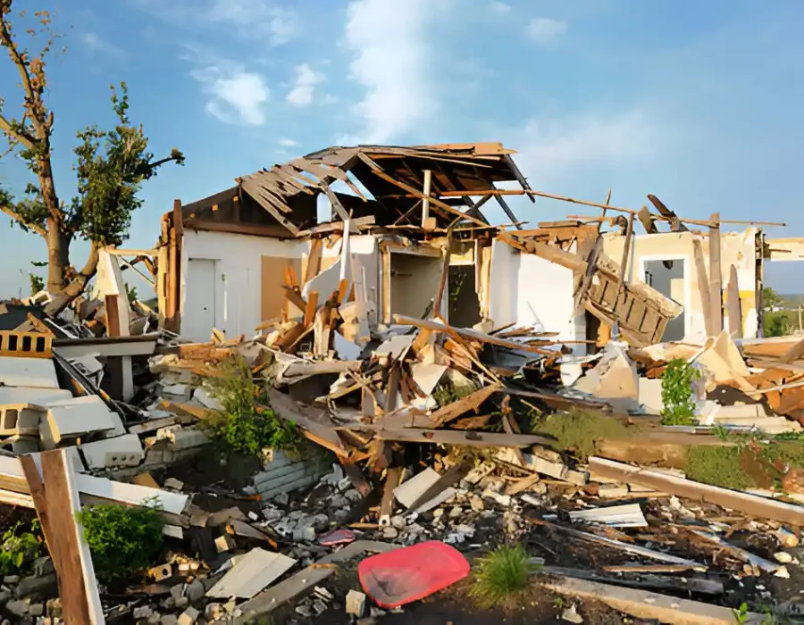 Destroyed building with massive debris, wooden fragments, post-demolition landscape view