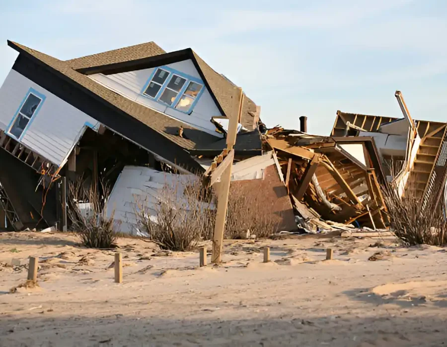 Destroyed beach house, structural damage, collapsed building on sandy terrain