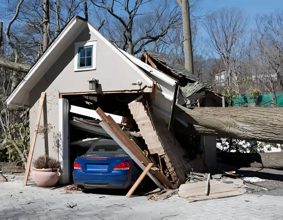 Fallen tree crushing garage, blue car trapped, structural demolition cleanup needed