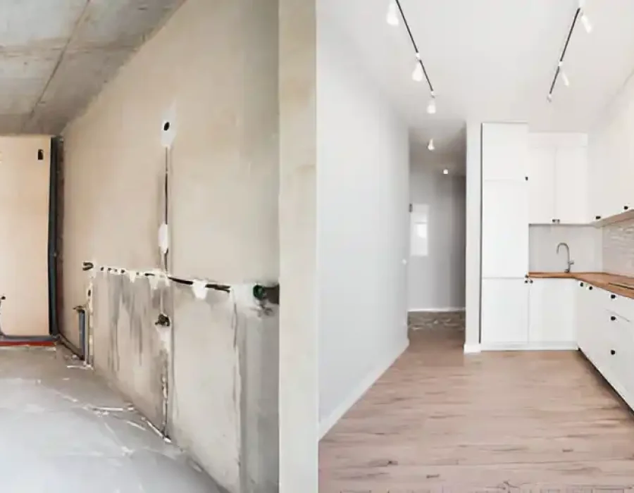 Apartment interior transformation, construction site to modern kitchen renovation