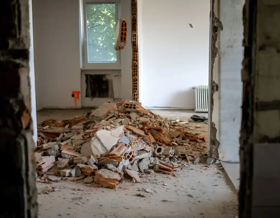 Pile of construction waste and broken materials in residential renovation site