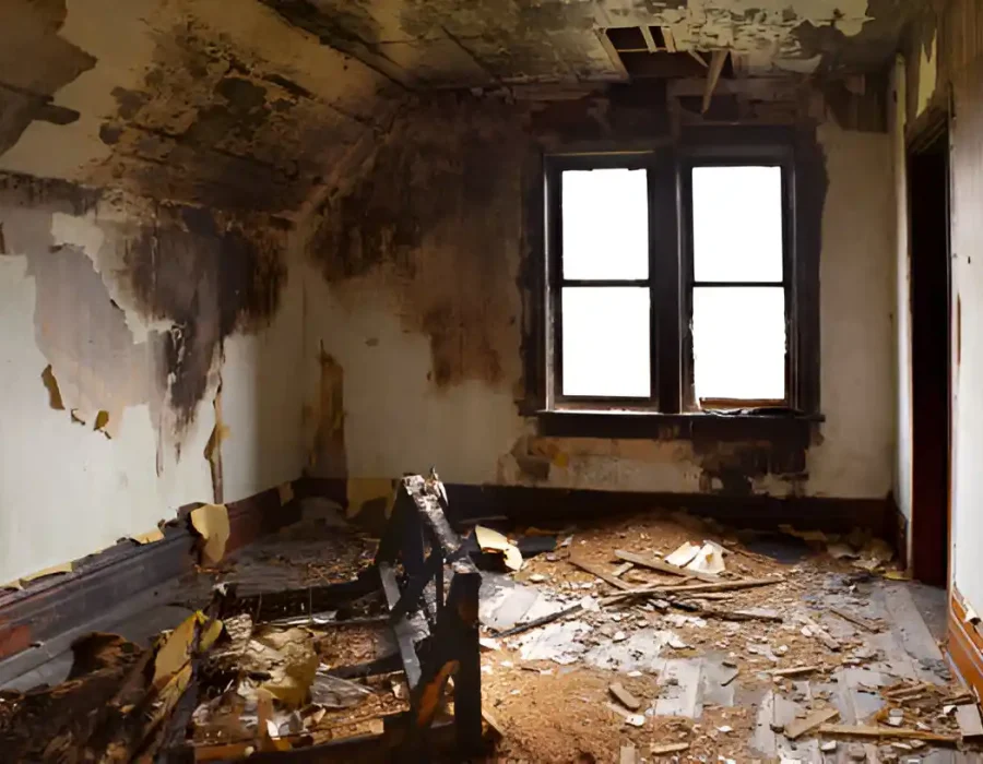 Severely damaged interior room with water damage, debris, and structural deterioration